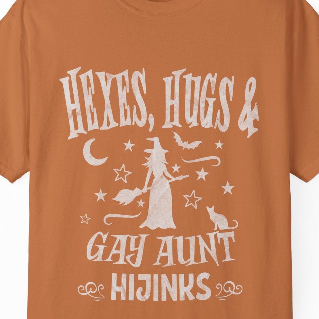 Hexes, Hugs & Gay Aunt Hijinks | Funny Halloween Lesbian Tee Designed by Queer Energy - Queer Energy