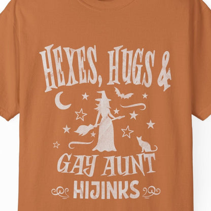 Hexes, Hugs & Gay Aunt Hijinks | Funny Halloween Lesbian Tee Designed by Queer Energy - Queer Energy