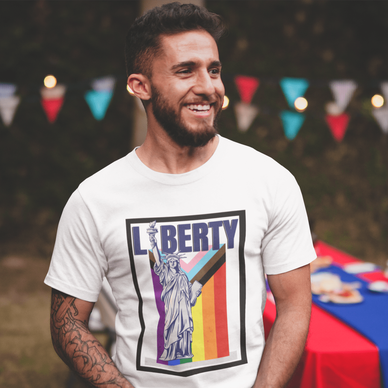 Liberty - Progress flag | Gay Pride Tee Designed by Queer Energy - Queer Energy