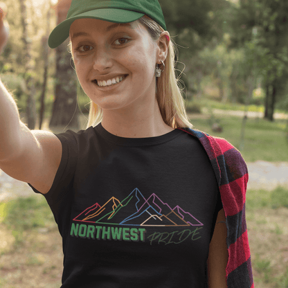 Northwest Pride T-Shirt — Progress Flag Mountain Graphic Tee | Designed by Queen Energy - Queer Energy