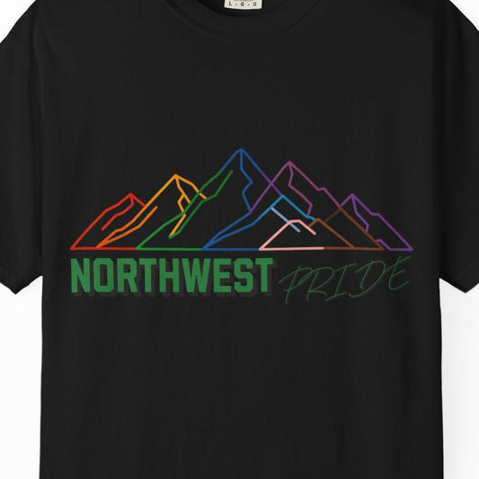 Northwest Pride T-Shirt — Progress Flag Mountain Graphic Tee | Designed by Queen Energy - Queer Energy
