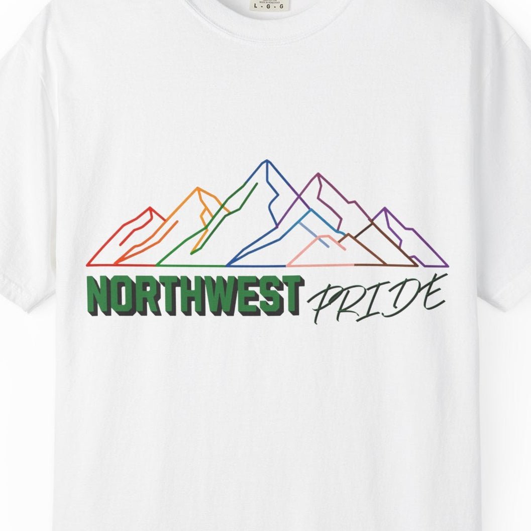 Northwest Pride T-Shirt — Progress Flag Mountain Graphic Tee | Designed by Queen Energy - Queer Energy