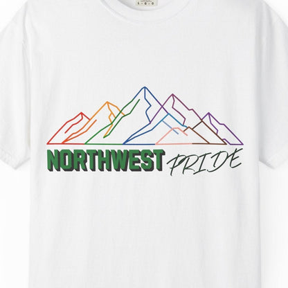 Northwest Pride T-Shirt — Progress Flag Mountain Graphic Tee | Designed by Queen Energy - Queer Energy