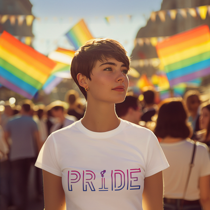 Pride Bi Tee | Bisexual Pride t-shirt, in Bisexual Pride Flag Colors, Designed by Queer Energy - Queer Energy