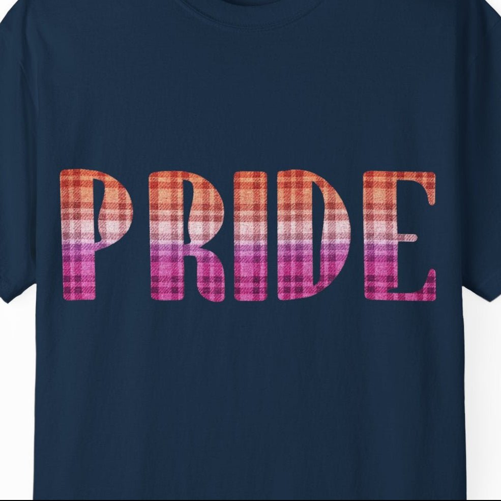 Pride Lesbian Tee | Sapphic Pride t-shirt, Plaid Lesbian Pride Flag Colors, Designed by Queer Energy - Queer Energy