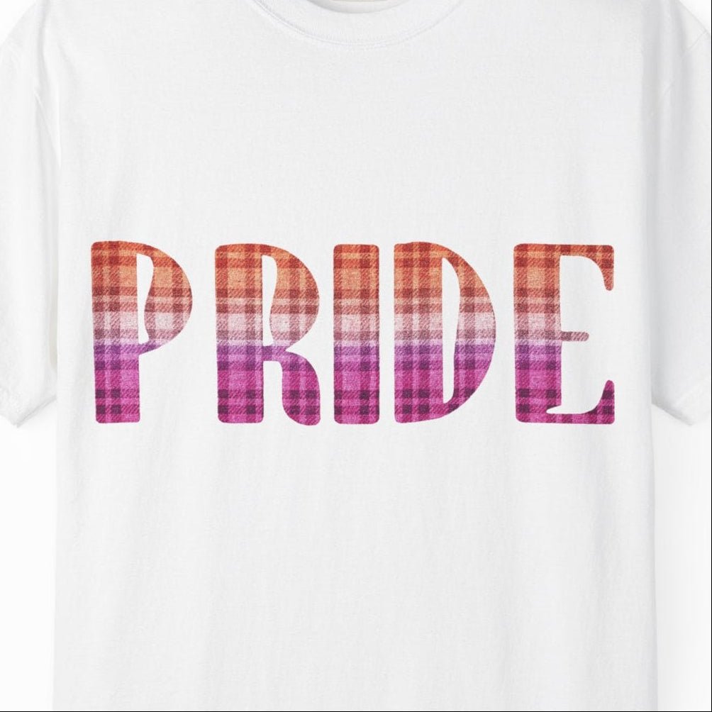 Pride Lesbian Tee | Sapphic Pride t-shirt, Plaid Lesbian Pride Flag Colors, Designed by Queer Energy - Queer Energy