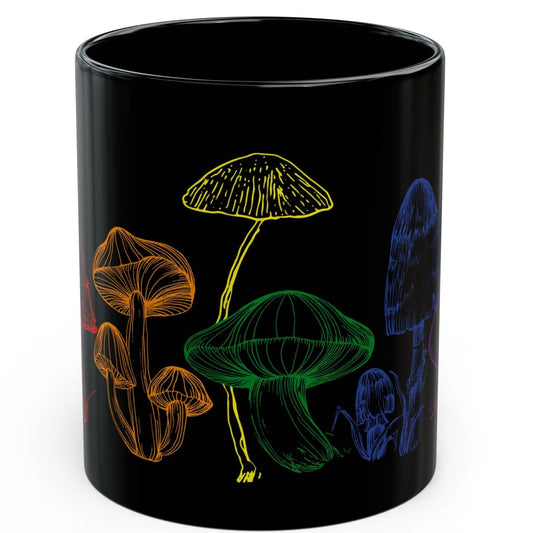 Side view of Rainbow Mushroom Magic | Black Ceramic Mug (11oz) Designed by Queer Energy - Queer Energy