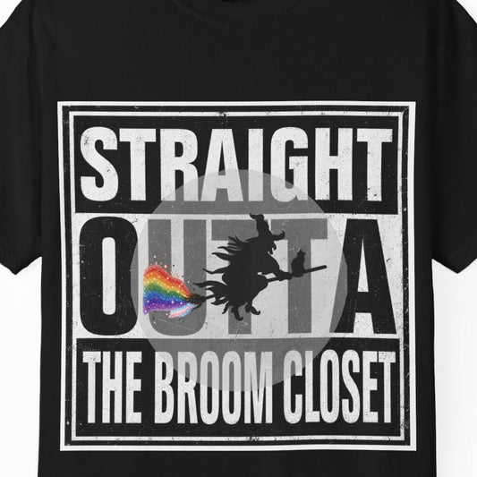 STRAIGHT OUTTA THE BROOM CLOSET | Witchy LGBTQ+ Halloween Tee Designed by Queer Energy - Queer Energy