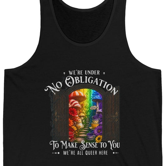 We're Under No Obligation gay pride black tank with rainbow mushroom garden, gothic doors and queer message, designed by Queer Energy.