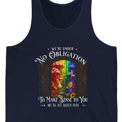 We're Under No Obligation gay pride navy colored tank with rainbow mushroom garden, gothic doors and queer message, designed by Queer Energy.