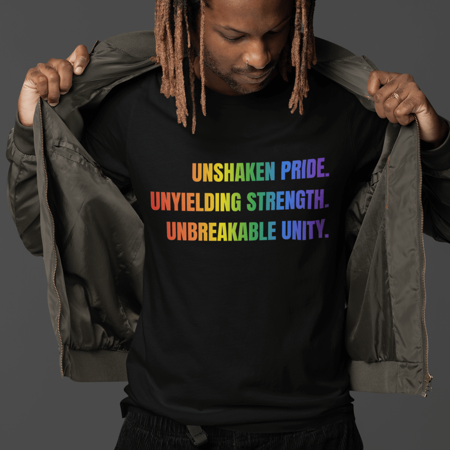 UNSHAKEN PRIDE. UNYIELDING STRENGTH. UNBREAKABLE UNITY | Gay Pride Tee - Queer Energy
