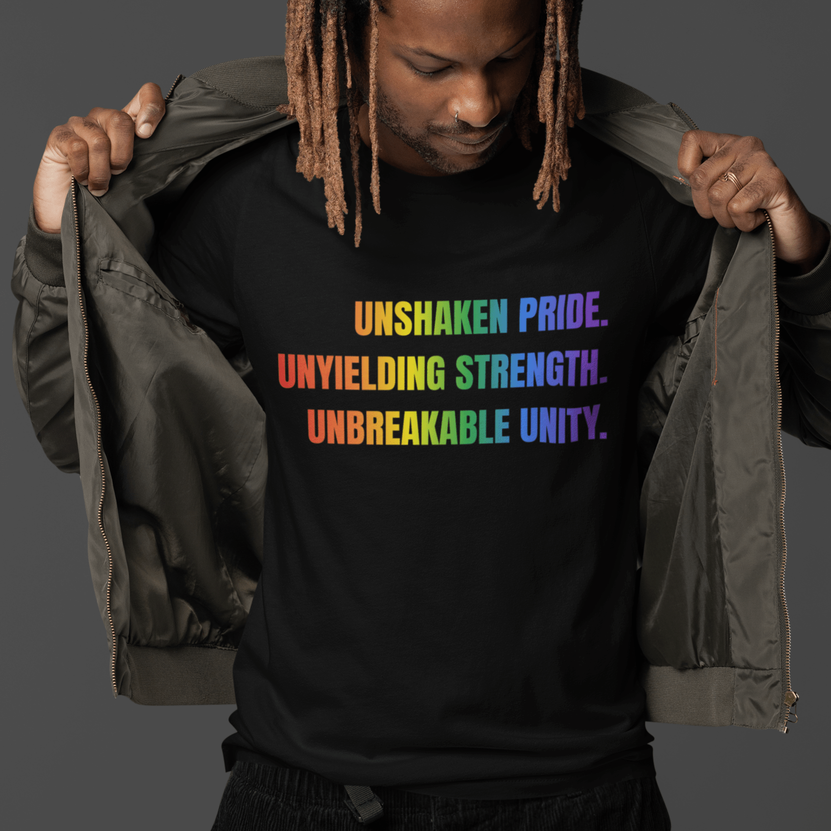 UNSHAKEN PRIDE. UNYIELDING STRENGTH. UNBREAKABLE UNITY | Gay Pride Tee - Queer Energy