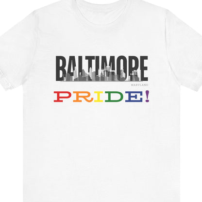 white Gay pride t-shirt featuring the Baltimore skyline with rainbow accents – Designed by Queer Energy