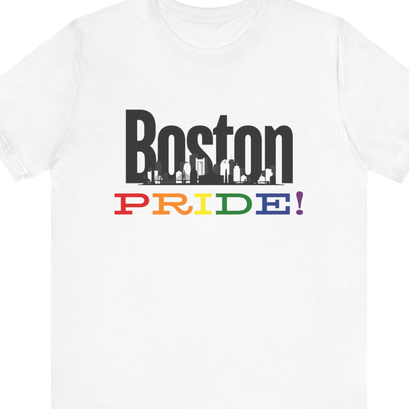 white Gay pride t-shirt featuring the Boston skyline with rainbow accents and the Zakim Bridge – Designed by Queer Energy