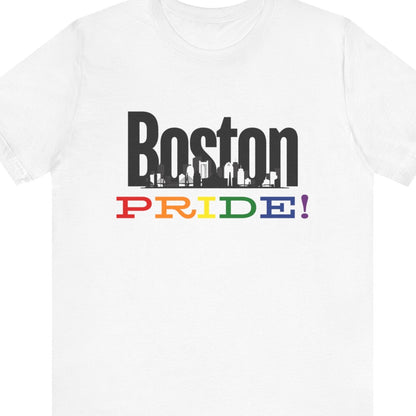 white Gay pride t-shirt featuring the Boston skyline with rainbow accents and the Zakim Bridge – Designed by Queer Energy