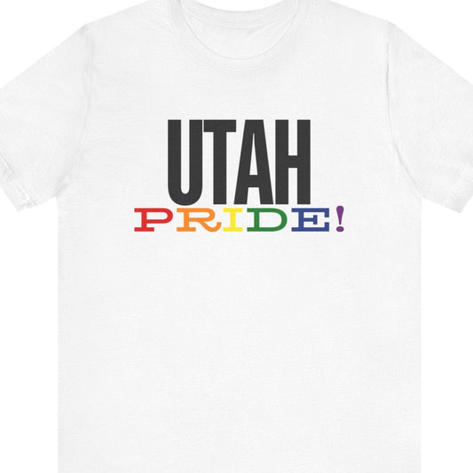 Gay pride white t-shirt with bold "UTAH PRIDE" text in rainbow colors – Designed by Queer Energy